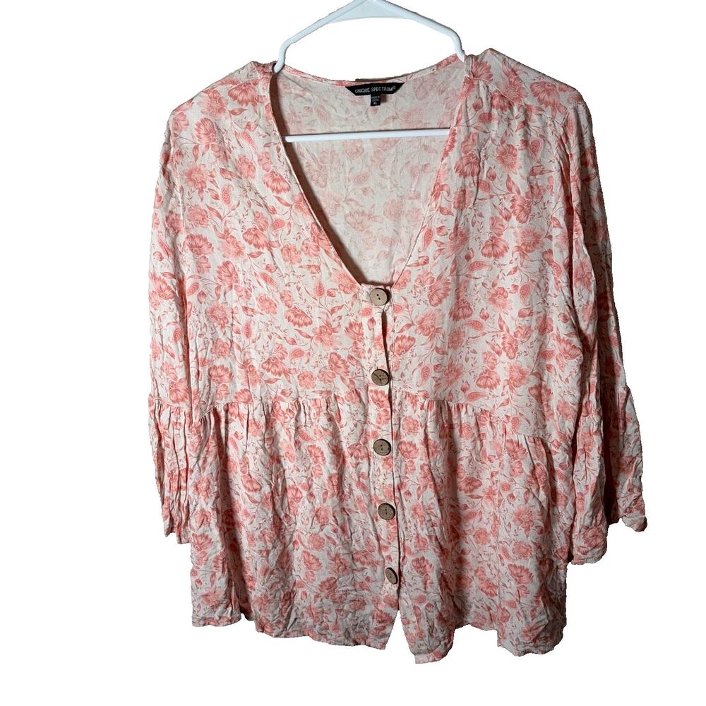 Unique Spectrum Blouse Women's XL Pink Floral V-Neck Button Up 3/4 Sleeve Boho